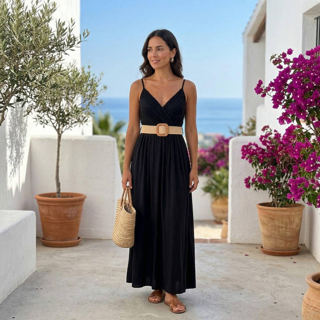 ELENA | VESTIDO LARGO LISO CON PECHO DE ENCAJO