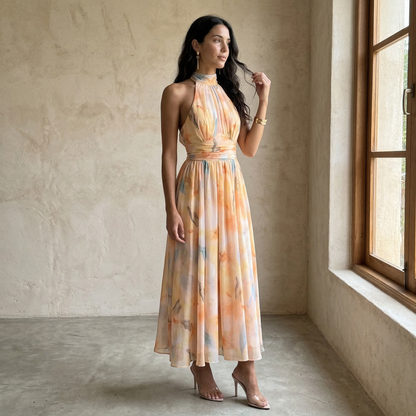 AURA | VESTIDO ESTAMPADO CON CINTURA AJUSTABLE
